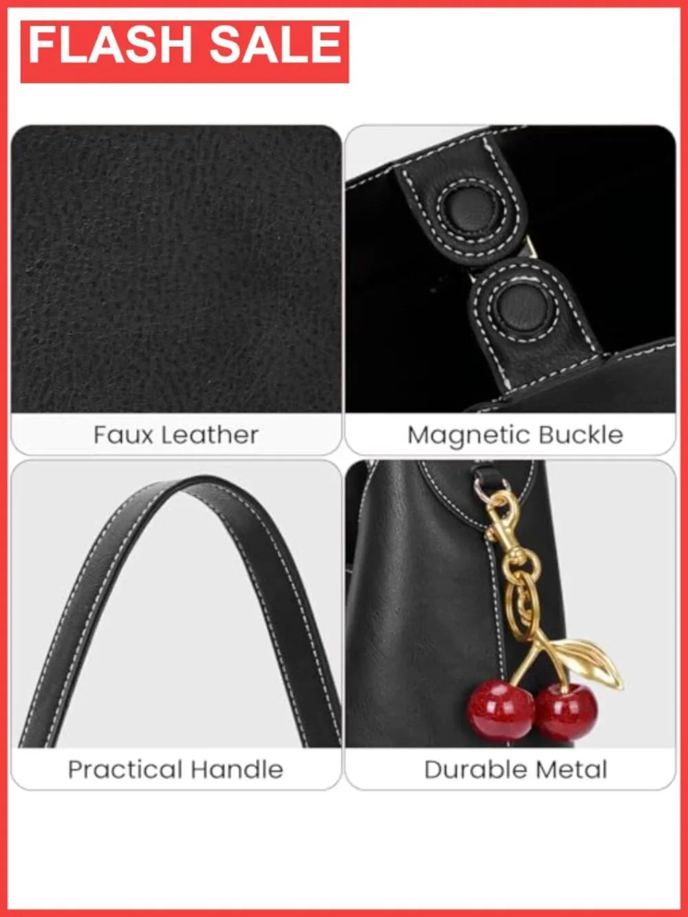Faux Suede Hobo Bag Vegan Leather Shoulder Tote Slouchy Handbag with Cherry